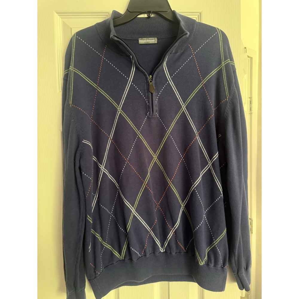 Alan Flusser Mens Blue Argyle 1/4 Zip Mock Neck Cotton Sweater